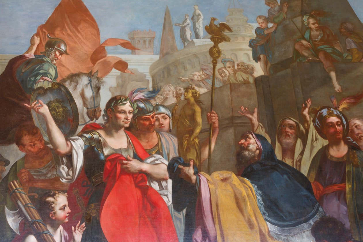 Caesar under murarna i Alexandria, av Felice Manassero, gobeläng tecknad film, hall, östlig lägenhet, jaktresidens, av Filippo Juvarra (1678-1736), Stupinigi, Piemonte, Italien av Filippo or Juvara Juvarra