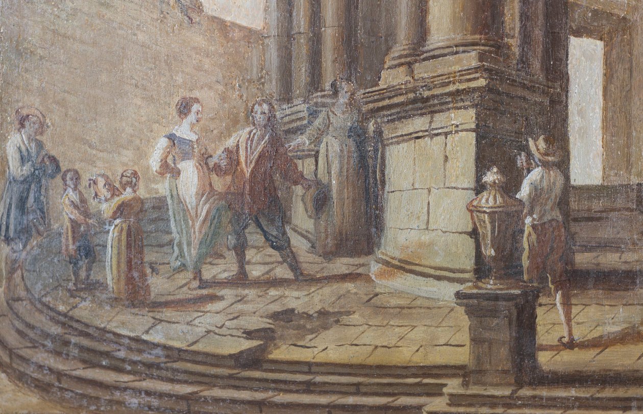 Genrescen, olja på trä, detalj av salongens fönsterluckor, Drottningens lägenhet, Jaktresidens, av Filippo Juvarra (1678-1736), Stupinigi, Piemonte, Italien av Filippo or Juvara Juvarra