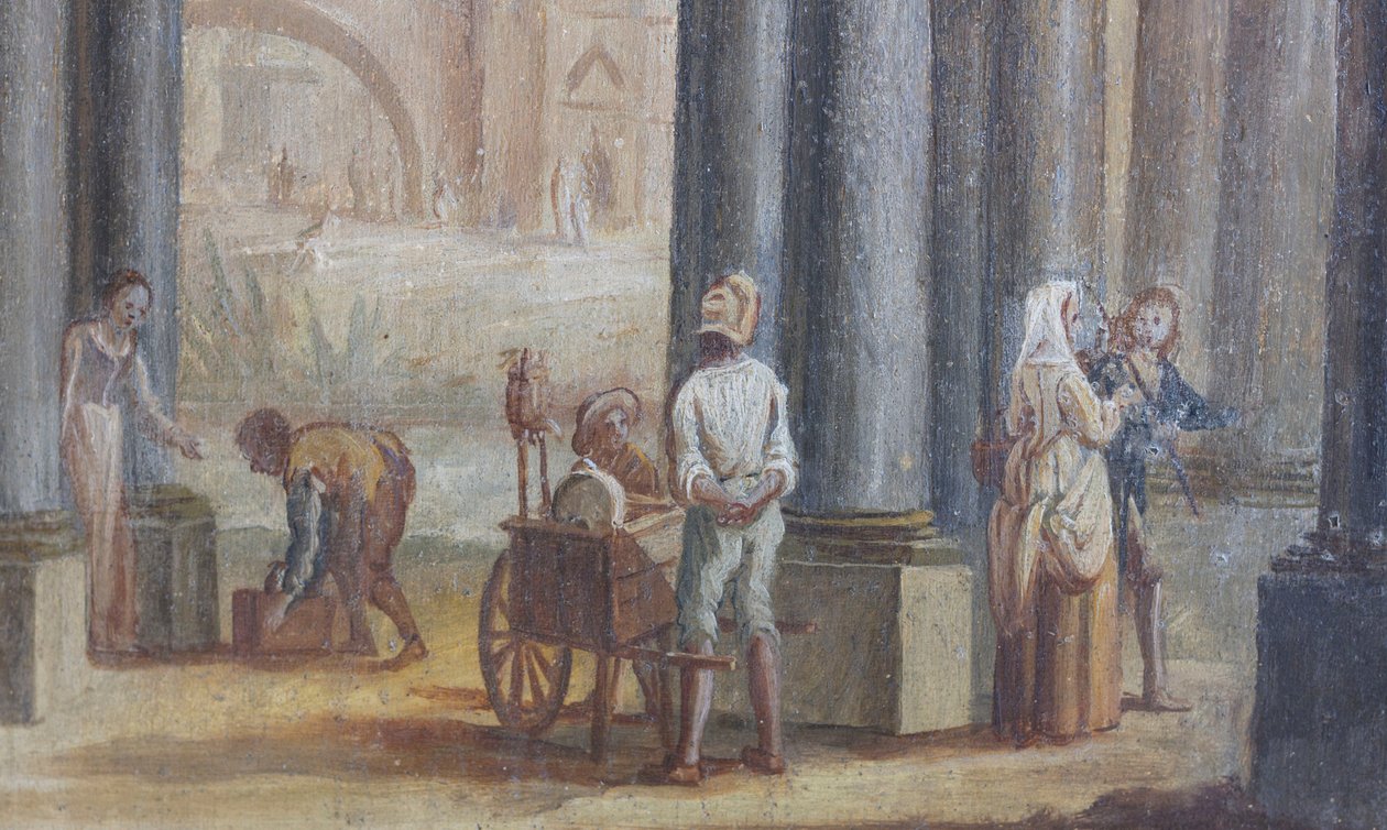 Genrescen, olja på trä, detalj av salongens fönsterluckor, Drottningens lägenhet, Jaktresidens, av Filippo Juvarra (1678-1736), Stupinigi, Piemonte, Italien av Filippo or Juvara Juvarra