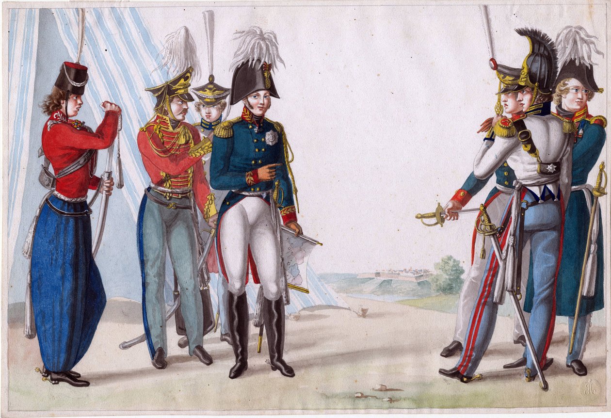 Alexandre Ier, tsar de Russie (1777-1825) - Tsar Alexander I och ryska officerare - Finert (Finart), Noel Dieudonne (1797-1852) - 1815 - Akvarell på papper - 23,3x34,5 - Privat samling av Finart Noël Dieudonné