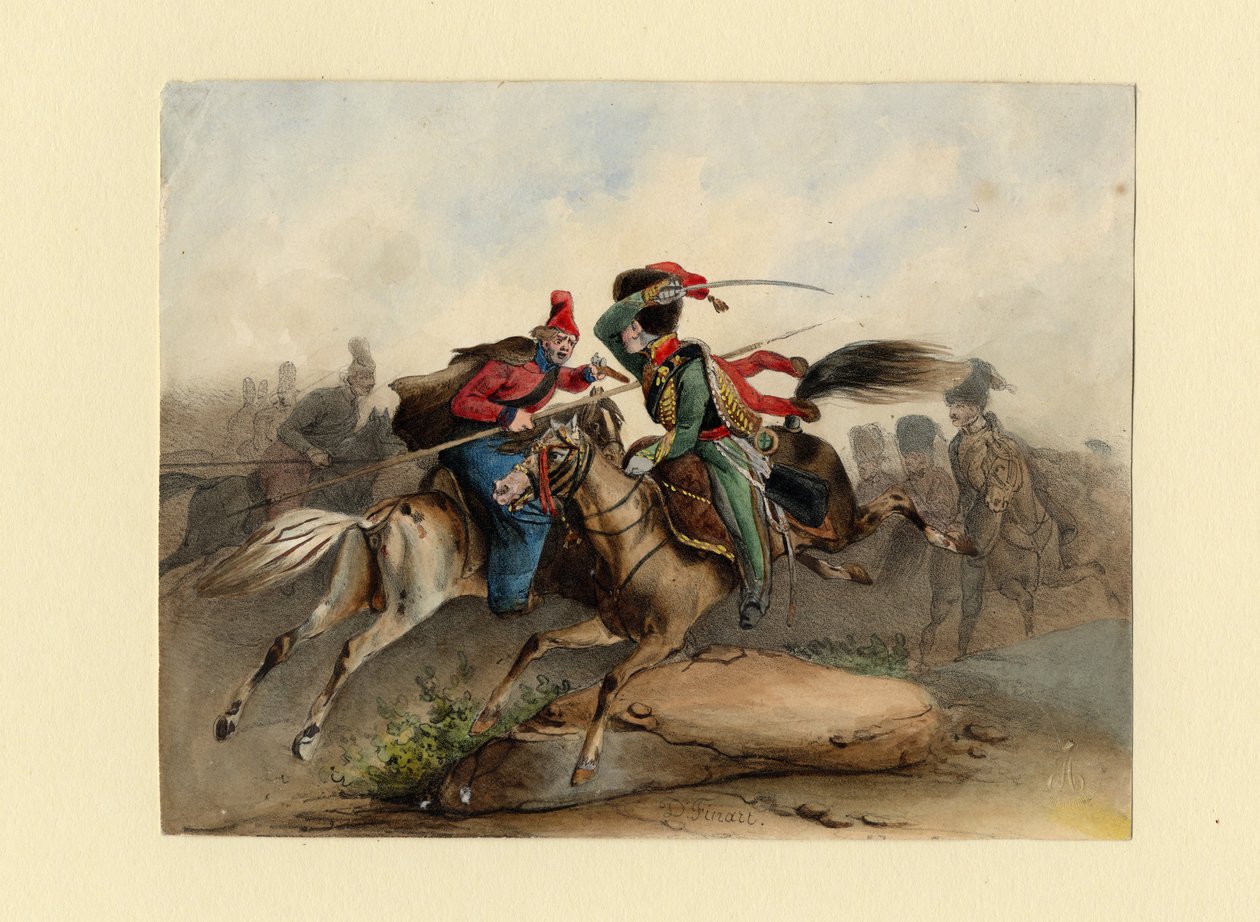 Franska hästjagare från det kejserliga gardet i strid med de ryska kosackerna, ca. 1830 av Finert