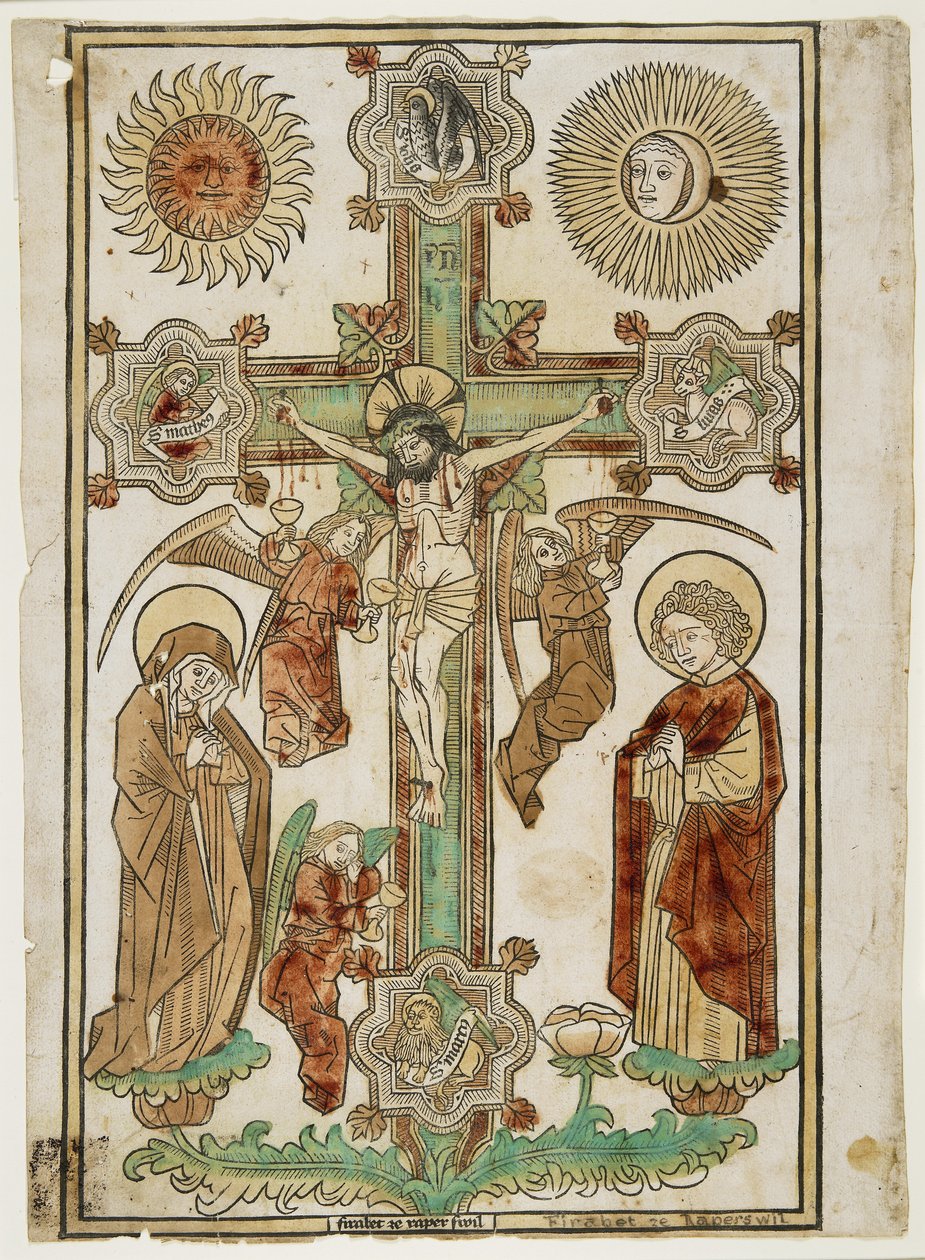 Crucifix with Three Angels and the Symbols of the Evangelists, c.1470-80 (handfärgat träsnitt med rött, grönt, gult och ljus & mörkbrunt) av Firabet of Rapperswil Firabet of Rapperswil