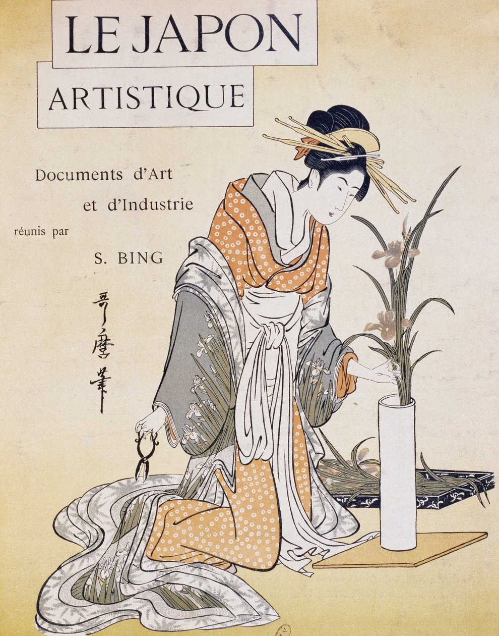 Kvinna som arrangerar blommor i vas, omslag av Firmin Gillot (1819-1872), Le Japon Artistique (japansk konst), konst- och industridokument samlade av Siegfried Bing (1838-1905), månadspublikation juli 1889, Frankrike av Firmin Gillot