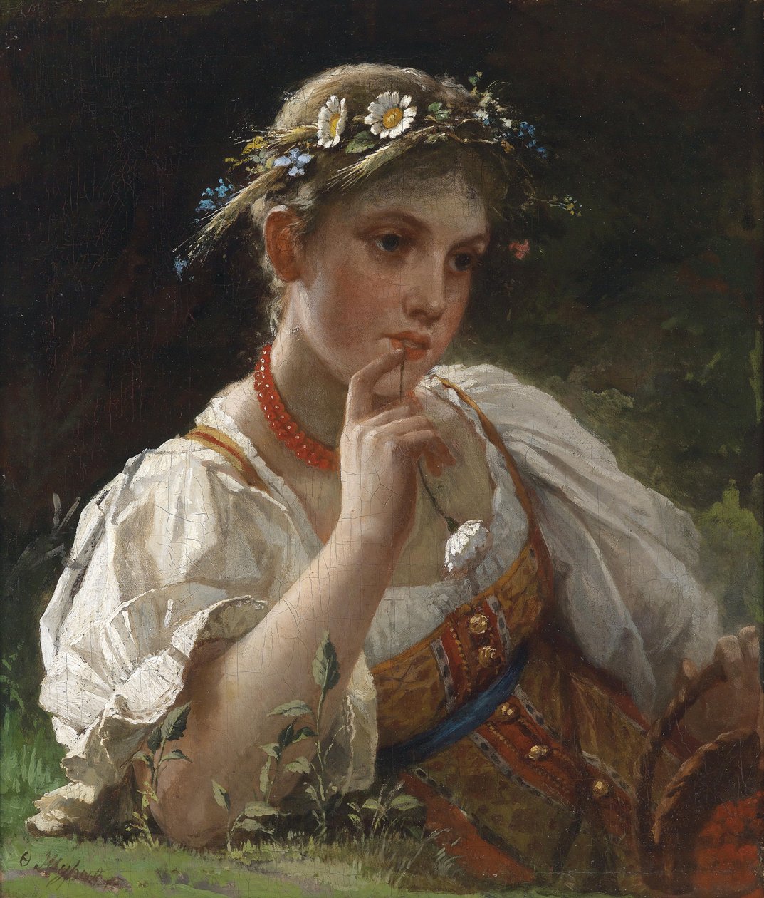 Flicka i dräkt med krans av blommor av Firs Sergeevich Zhuravlev