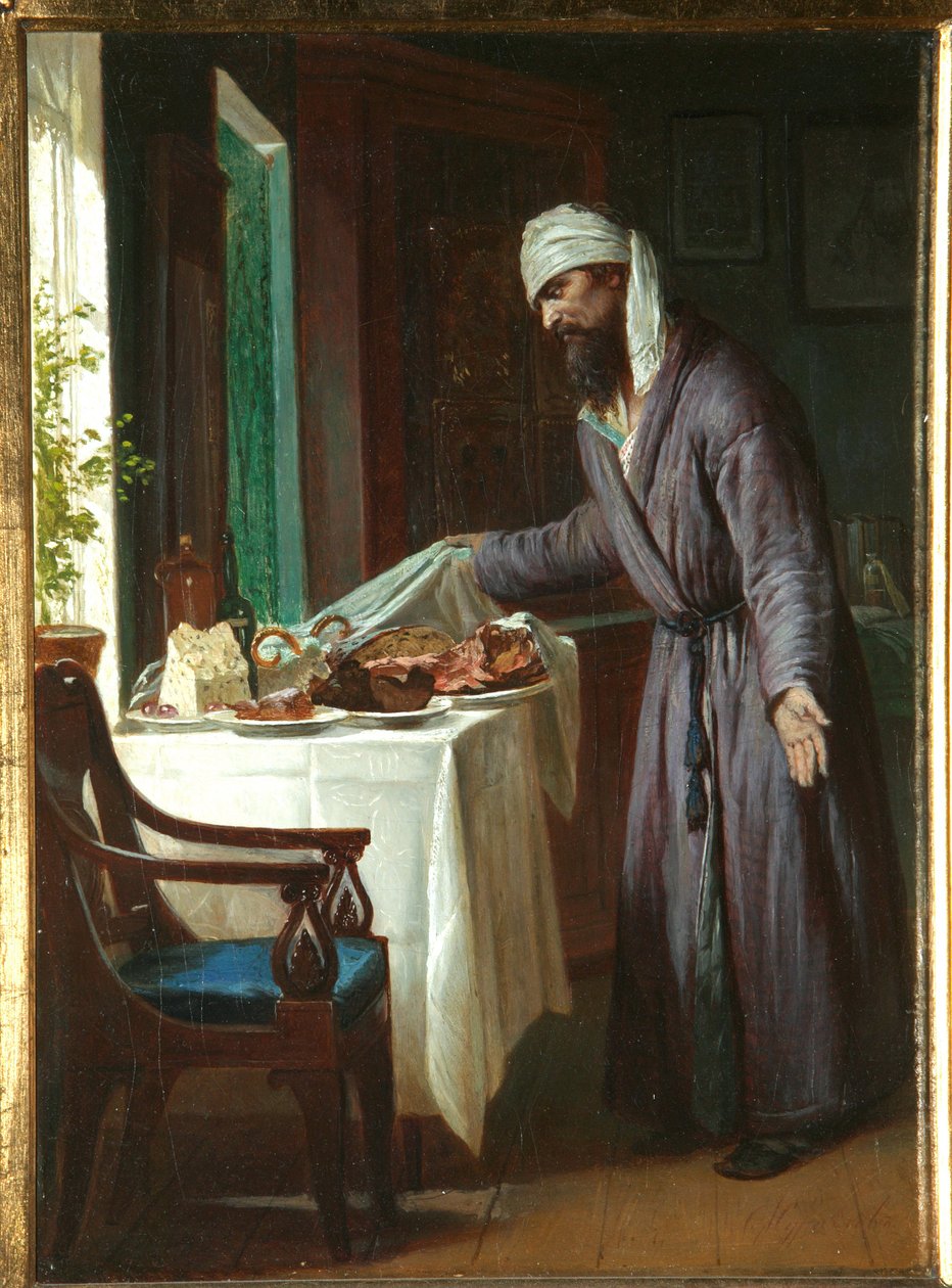 Morning Hangover - Målning av Firs Sergeevich Zhuravlev (1836-1901), olja på duk, 40x29,6 cm, sent 1800-tal - Privat samling av Firs Sergeevich Zhuravlev