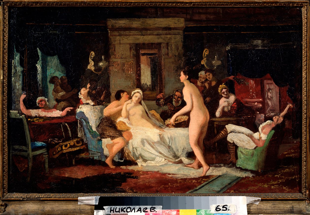 Eve of the Wedding Party in a Bath - Målning av Firs Sergeevich Zhuraviev (1836-1901), olja på duk 1885, rysk konst av Firs Sergeevich Zhuravlev