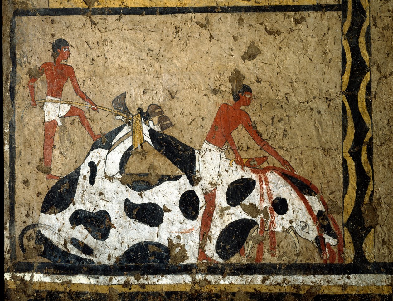 Egyptisk antikvitet: en tjur offras inför en sarkofag. Detrempe på lera och halm från graven av generalen och kung Itis grav i El Ghebelen nära Luxor. 2200-2000 f.Kr. Turin, egyptiskt museum av First Intermediate Period Egyptian