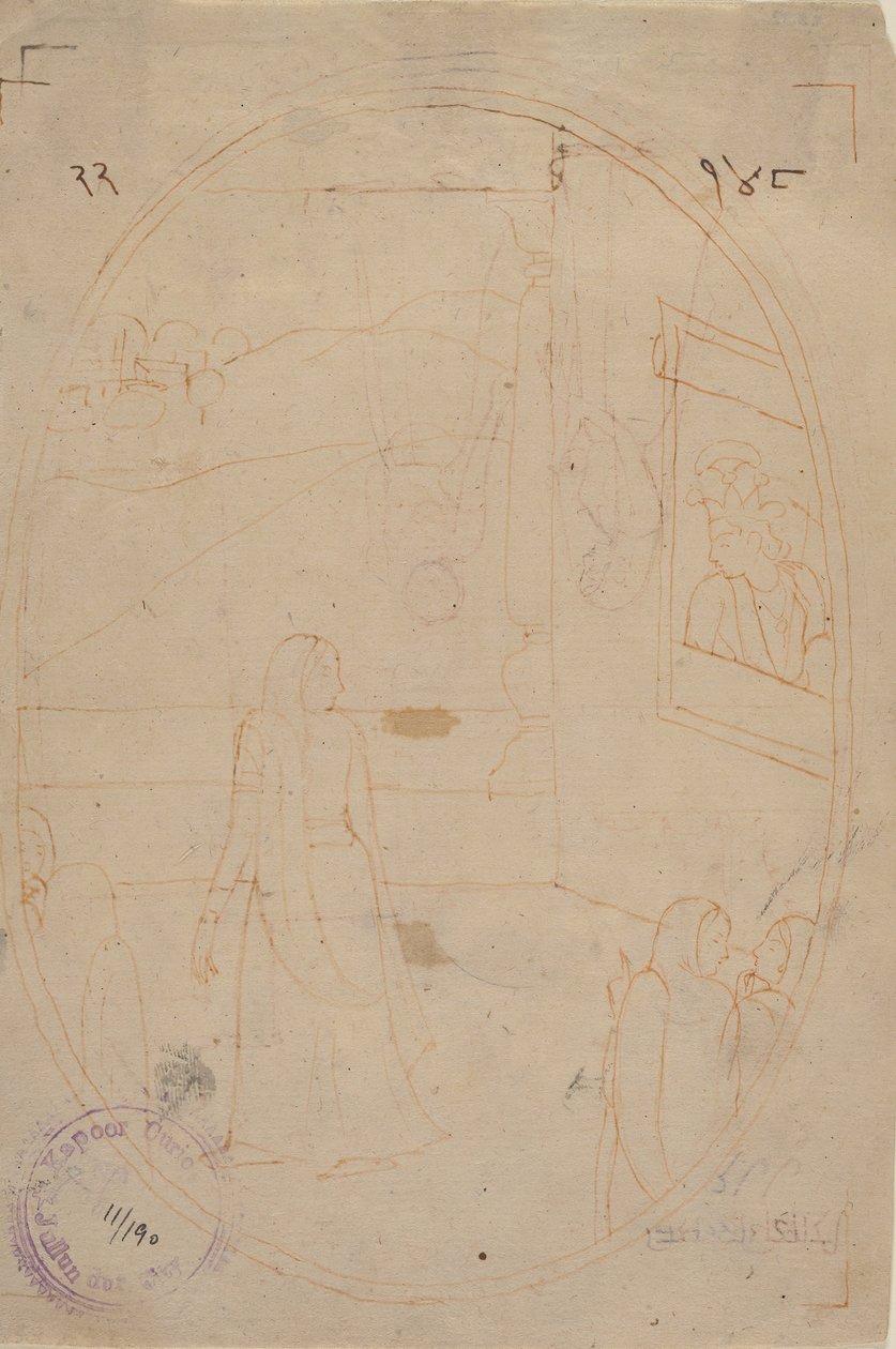 Ritning för en illustration från en Sat Sai från Bihari Lal-serien: The Message of the Eyes..., ca. 178 av First generation after Nainsukh