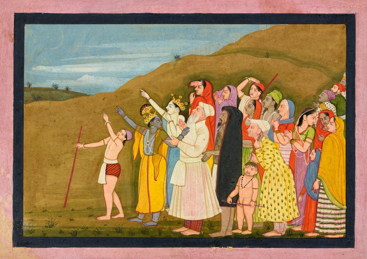 Krishna och hans familj beundrar en solförmörkelse, kanske en sida från "Kangra/Modi" <em>Bhagavata Purana</em> av First generation after Nainsukh