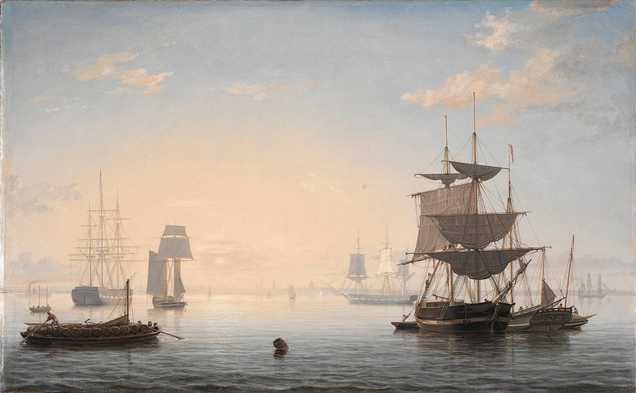 Hamnen i Boston, med staden i fjärran av Fitz Henry Lane