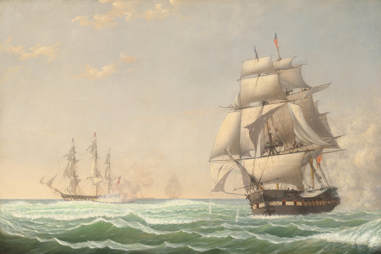 USA:s fregattpresident Engagerar den brittiska skvadronen, 1815, 1850. av Fitz Hugh Lane