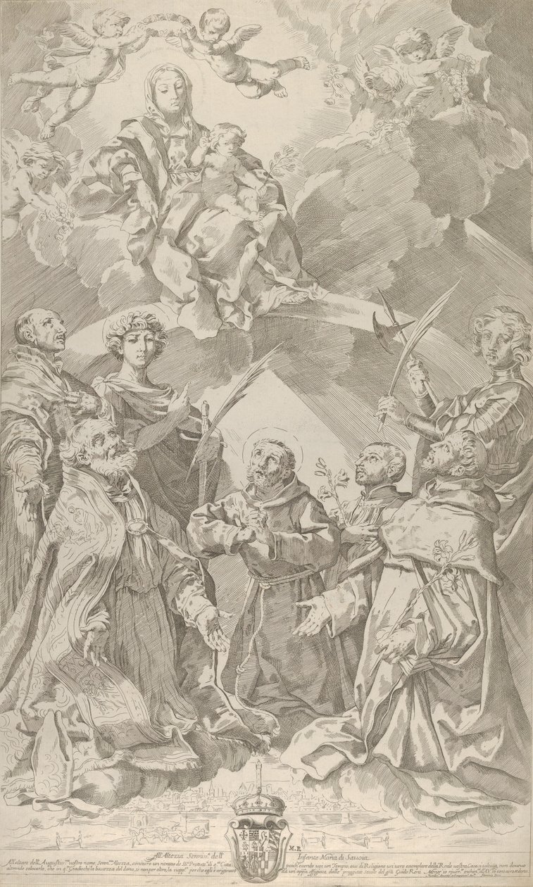 Skyddshelgon för Bologna tittar uppåt på Jungfrun som sitter i molnen med..., 1640-50. av Flaminio Torre