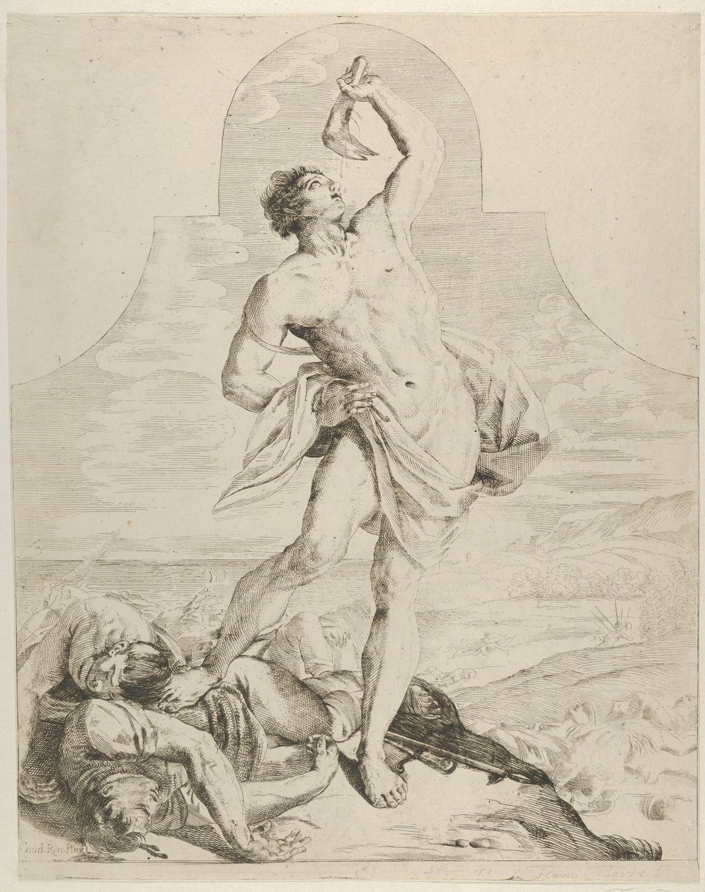 Simson håller käkbenet av en åsna över huvudet och står bredvid filierna..., ca. 1640-60. av Flaminio Torre