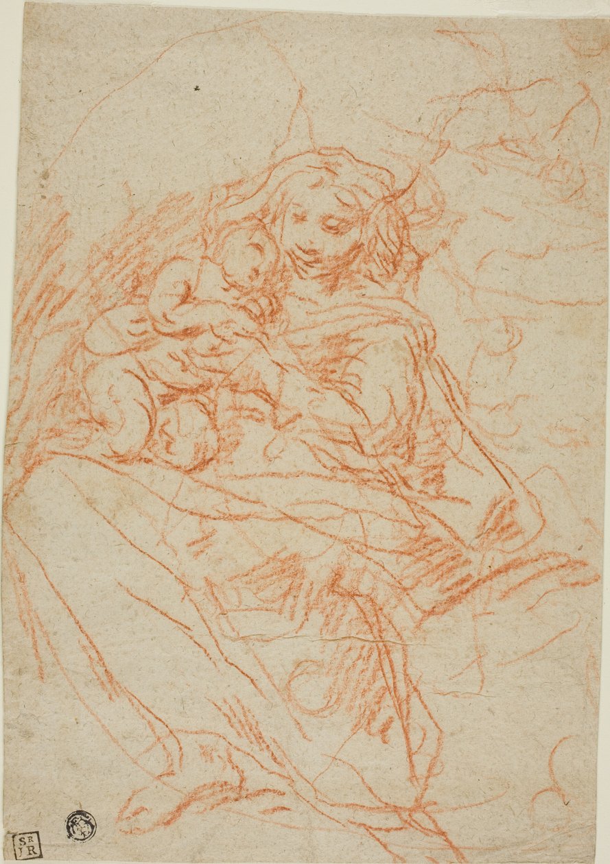 Jungfru och barn (recto); Del av altartavla skiss (verso) av Flaminio Torre