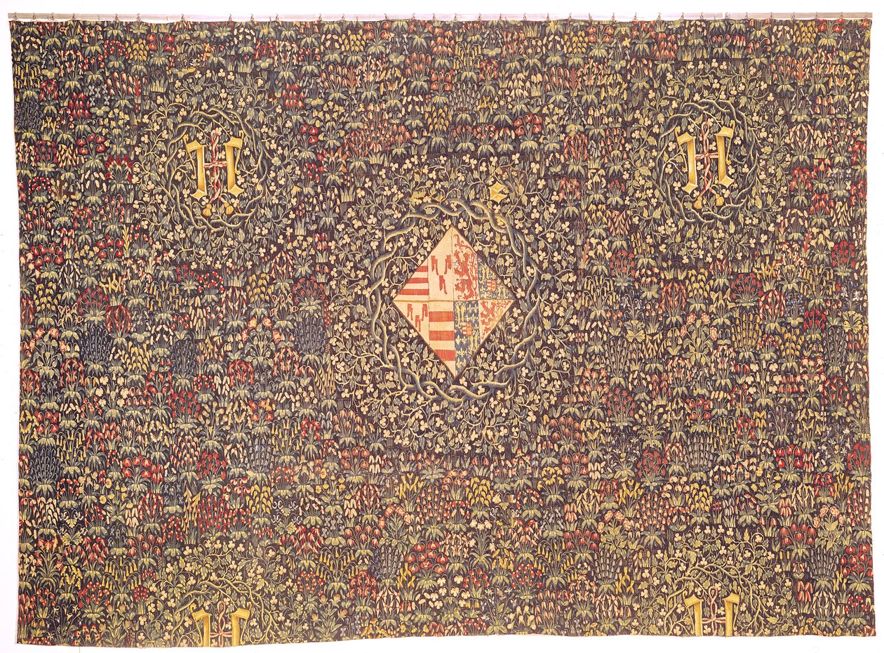 Mille fleurs med Jacqueline av Luxemburgs vapen (f.1439) (gobeläng) av Flemish School