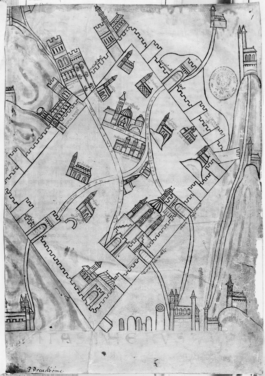 Ms 466 fol.1 Karta över staden Jerusalem, före 1167 av Flemish School