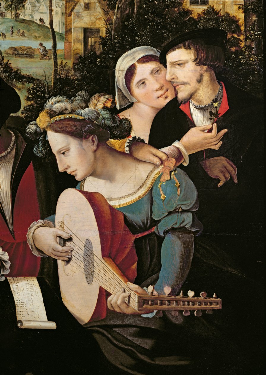 Scen Galante vid portarna i Paris, detalj av ett par och en lutspelare (detalj av 216104) av Flemish School