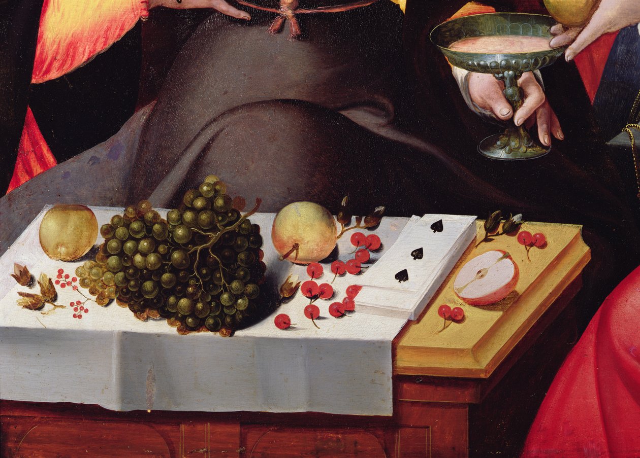 Scen Galante vid portarna i Paris, detalj av frukter, spelkort och en bägare (detalj av 216104) av Flemish School
