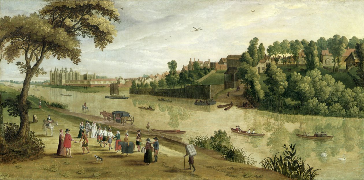 Themsen i Richmond, med det gamla kungliga palatset, c.1620 av Flemish School