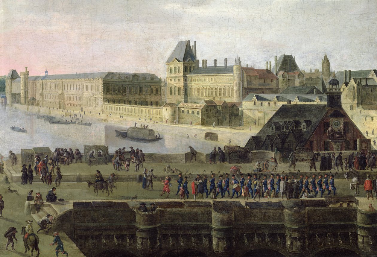 Udsigt over Pont-Neuf og floden Seinen ser nedstrøms, detaljer af broen og Louvre, ca. 1633 swed av Flemish School