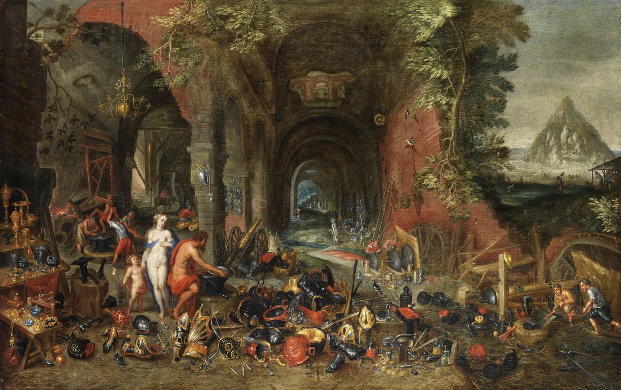 Venus och Amor i vulkanens smedja. av Flemish painter in the circle of Jan Brueghel