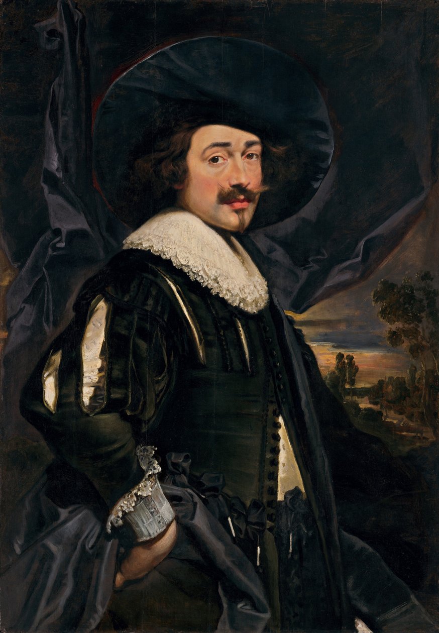 Porträtt av en man i en hatt med bred brätt av Flemish 17th Century
