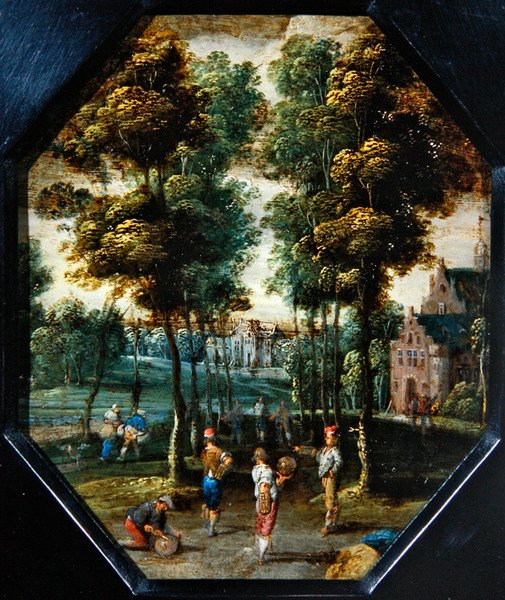 En Kermesse-scen i en by nära en flod (olja på koppar, åttakantig) av Flemish School