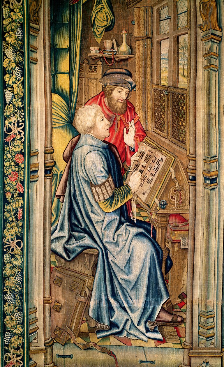 En skriftlärde som skriver en redogörelse, detalj från Transporten av förbundsarken, från Davids och Batsebas gobeläng, ca 1510-15 av Flemish School