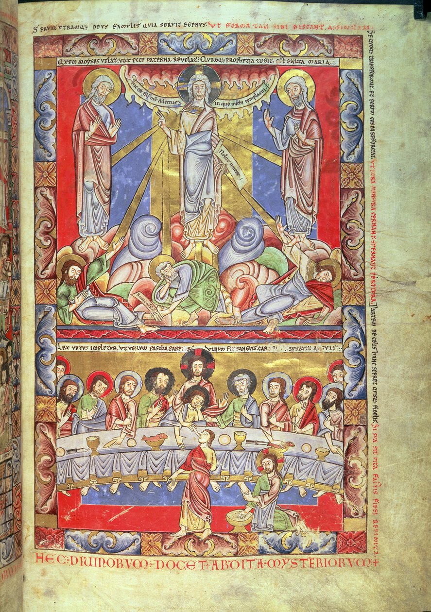 Lägg till 17738 Vol II f.4 Transfiguration, the Last Nattvarden, från Floreffe Bible, c.1156 (vellum) av Flemish School