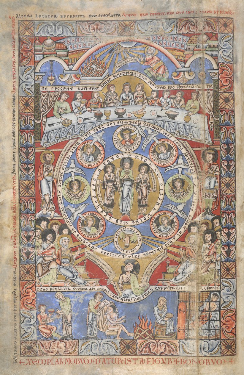 Lägg till. 17738, f.3v Exegesis av de inledande verserna i Jobs bok, illustration från 