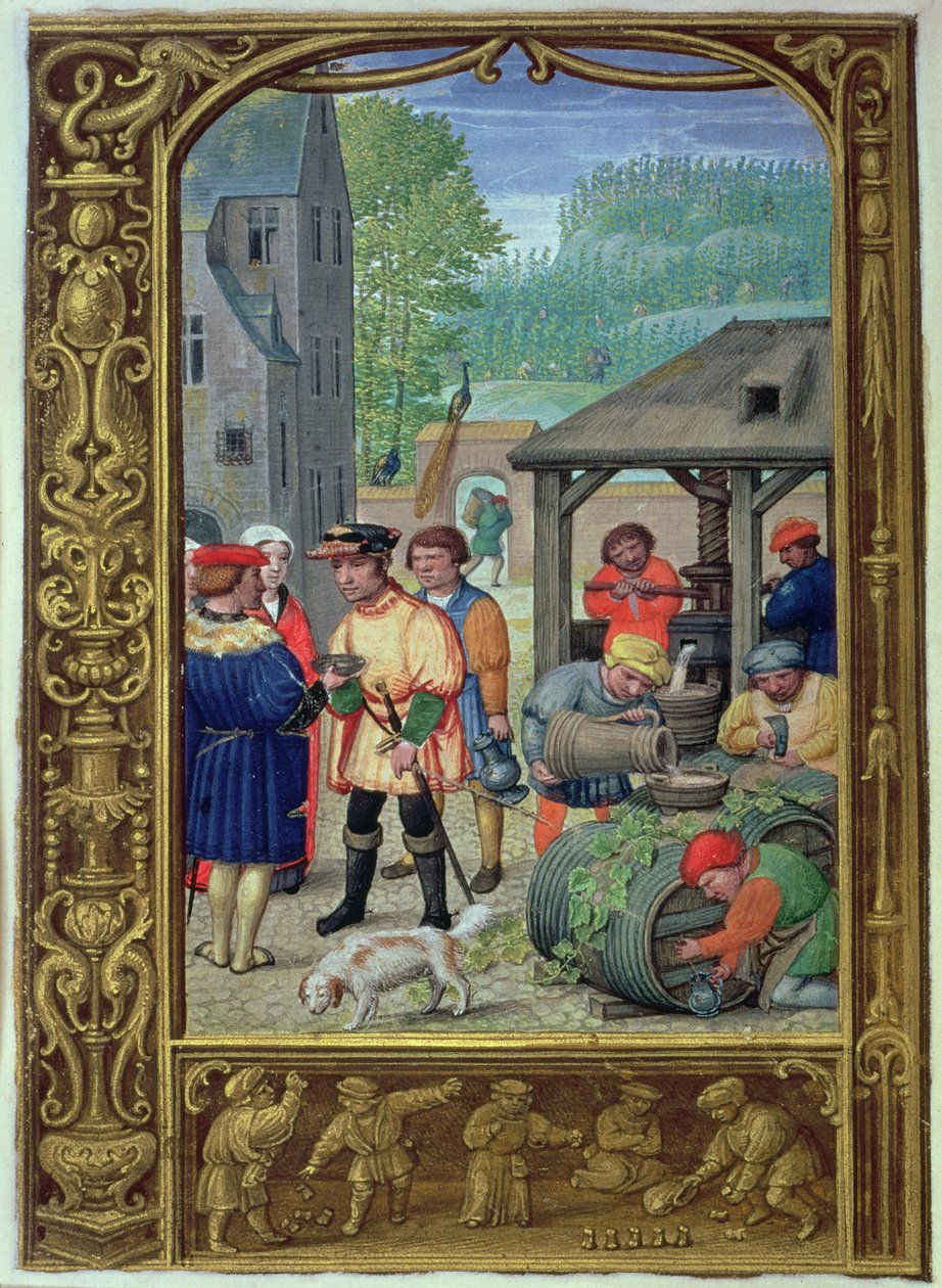 Lägg till 24098 f.27v oktober: Vinskörd, från en timbok, eller golfboken, c.1520-30 (vellum) av Flemish School