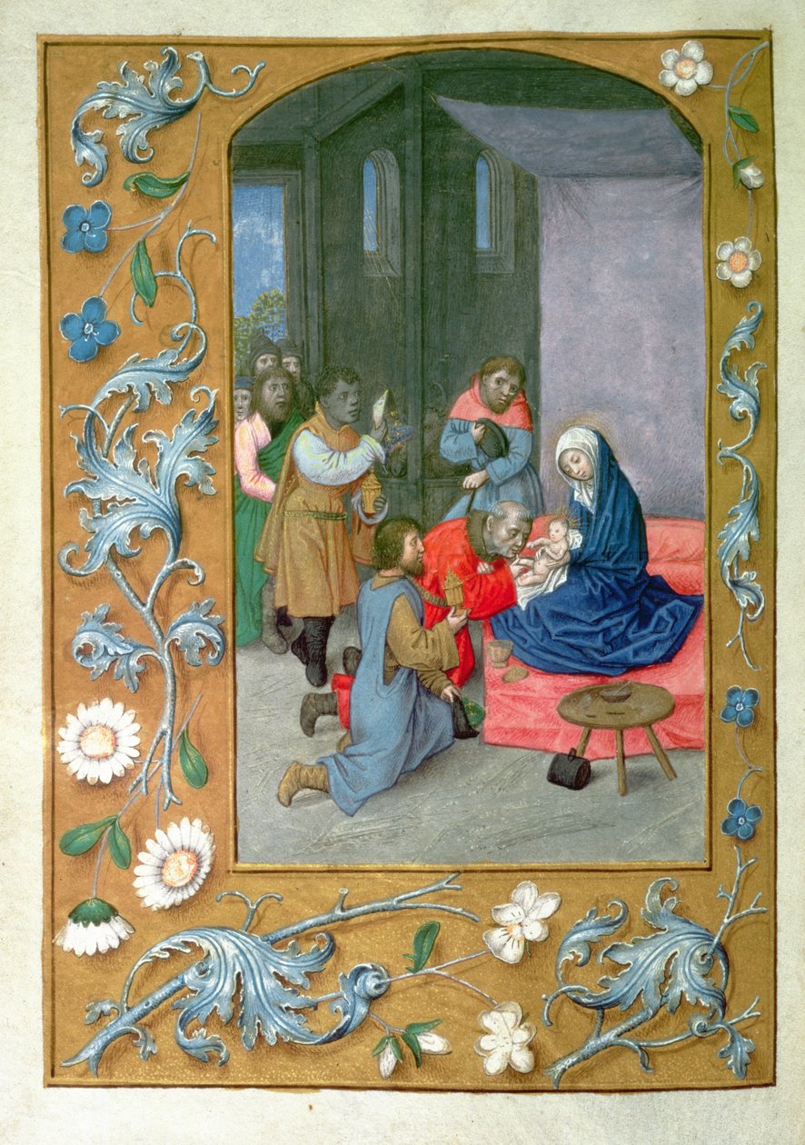 Lägg till 54782 f.119v Adoration of the Child, från Hastings Hours, c.1475-83 (vellum) av Flemish School