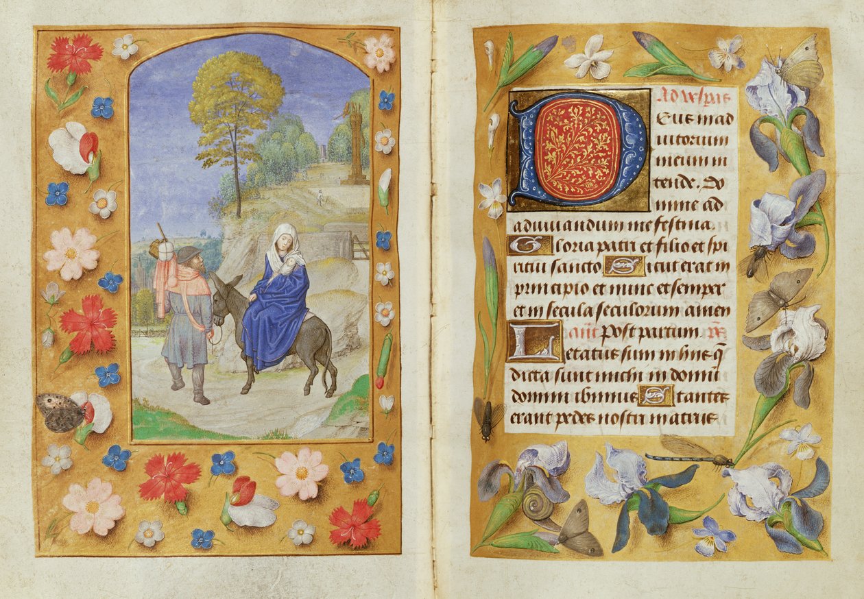 Lägg till 54782 f.131v-132 The Flight into Egypt, from the Hastings Hours, c.1475-83 (vellum) av Flemish School
