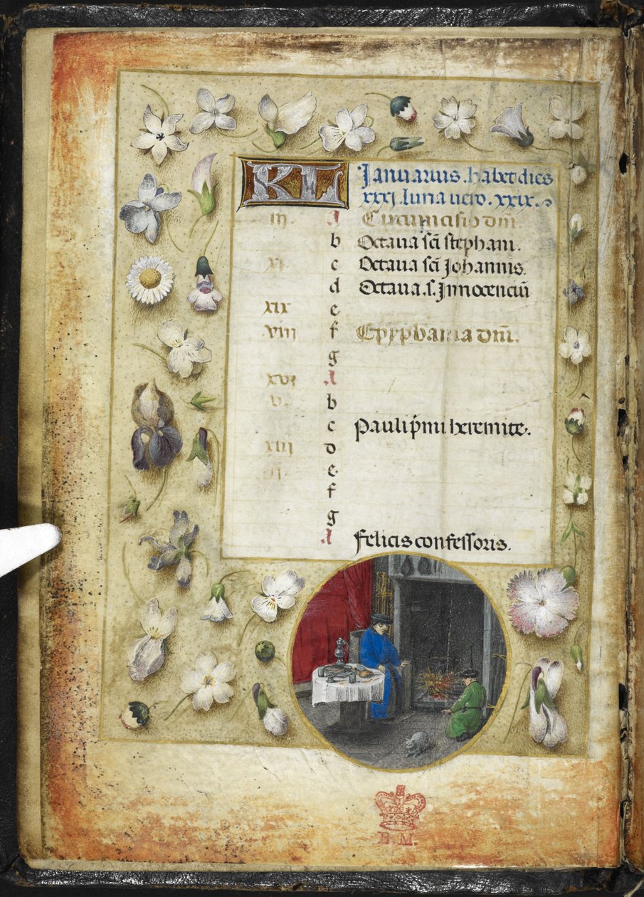 Lägg till MS 38126 f.1v Kalendersida för januari, med en rundel miniatyr av två män som värmer sig inför en eld, från en 