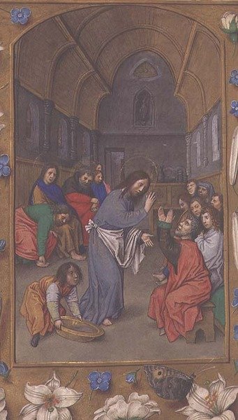 Ytterligare 54782, f.265v: Kristus tvättar lärjungarnas fötter, från Hastings Hours, c.1475-83 (vellum) av Flemish School