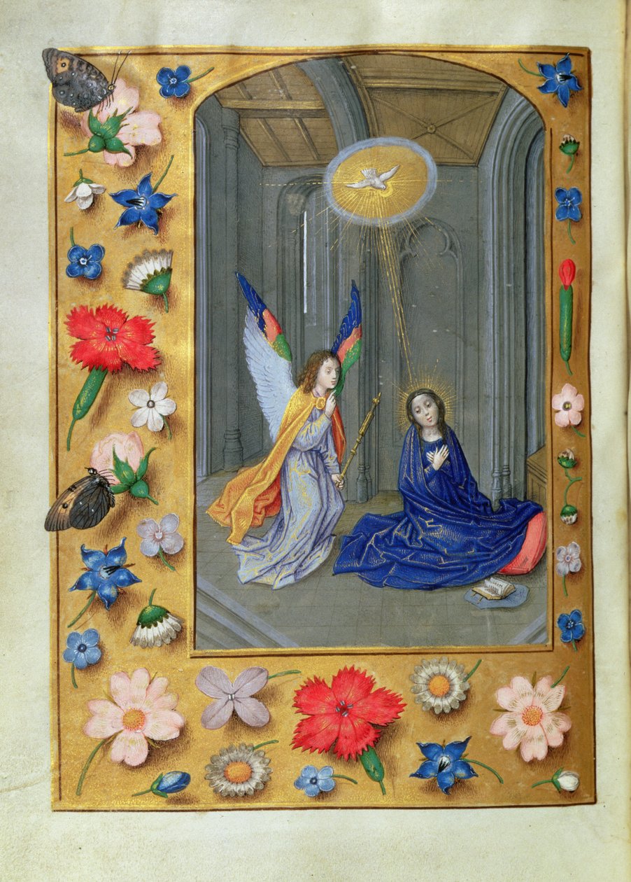 Ytterligare 54782, f.73v: Annunciation, from the Hastings Hours, c.1475-83 (vellum) av Flemish School