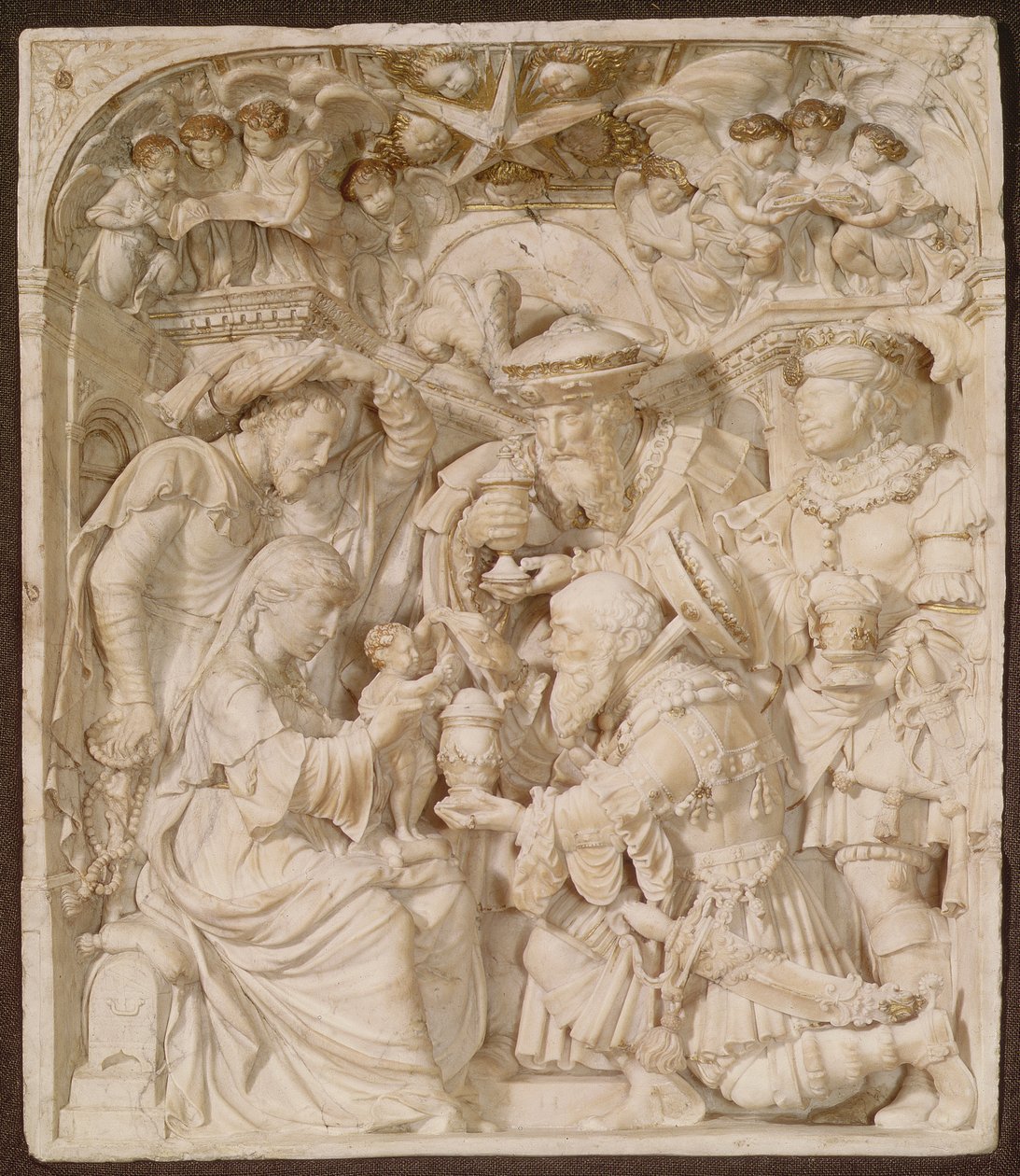 Tillbedjan av Magi, alabaster och målad förgylld relief, flamländska, inskriven 