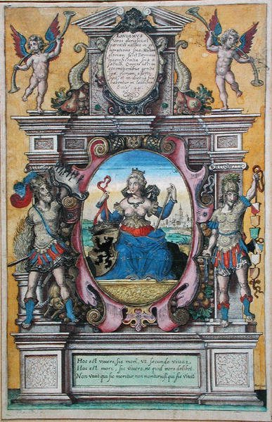 Allegori över staden Antwerpen (färggravyr) av Flemish School