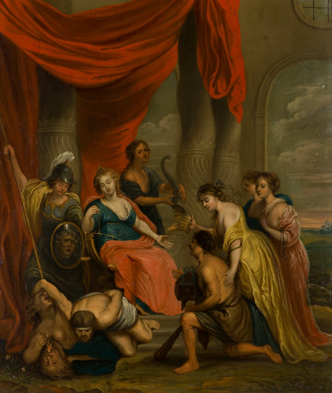 An Allegorical Painting of Justice, ca 1630-1700 (olja på koppar) av Flemish School