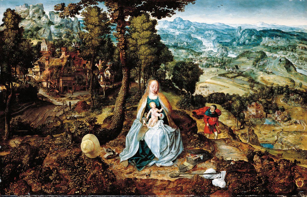 Ett vidsträckt landskap med The Rest on the Flight to Egypt, Antwerpen skola, c.1520 av Flemish School