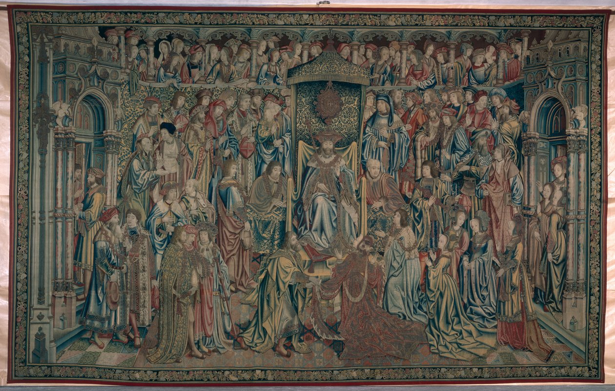 Bathsheba välkomnad vid hovet, Davids och Batsebas gobeläng, ca 1510-15 av Flemish School