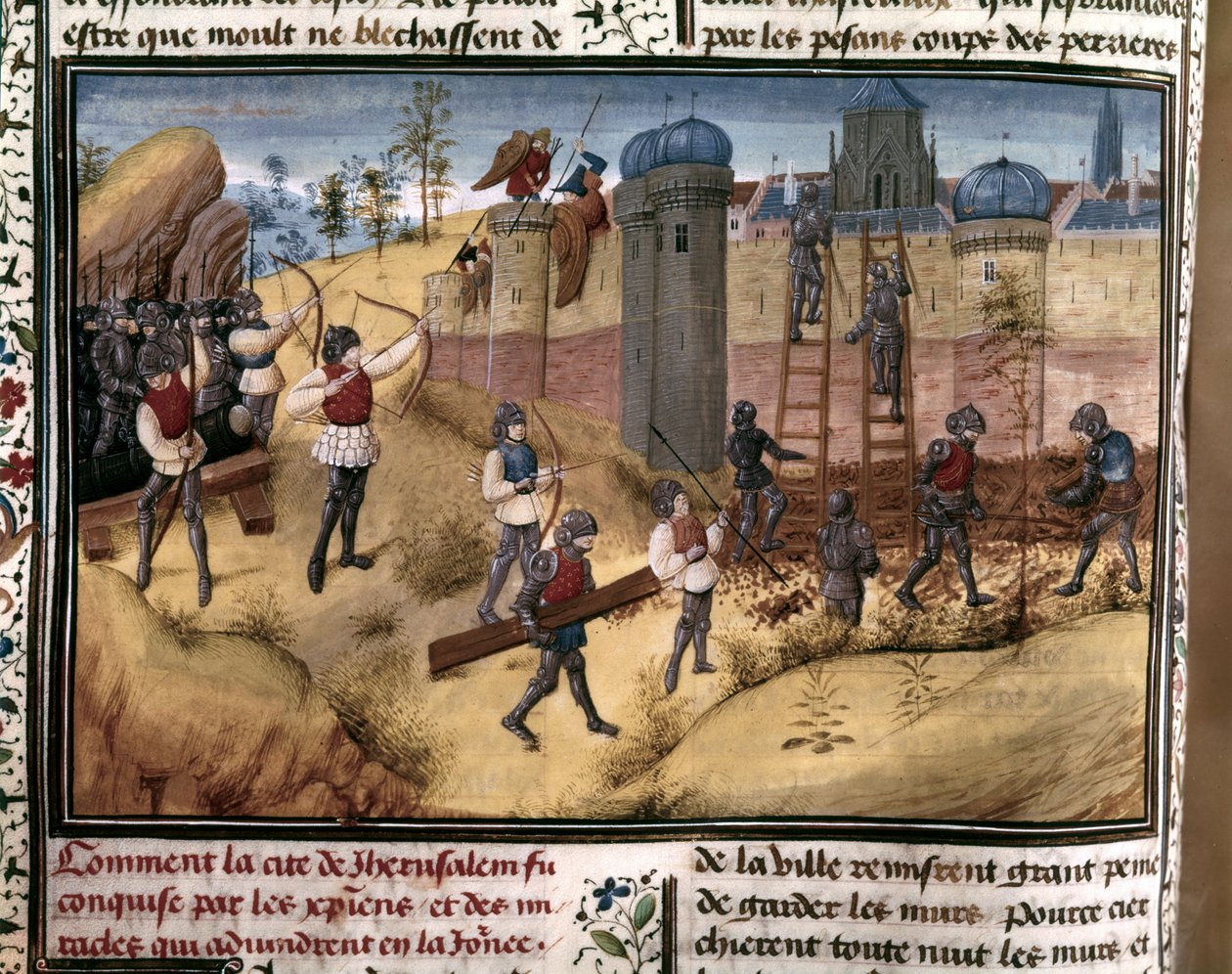 KRUSADER: "Korsfararna klättrar på Jerusalems murar. Från "Histoire des Cr... av Flemish School