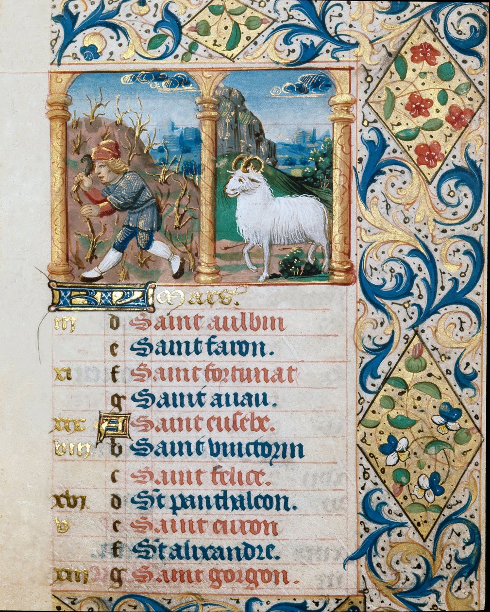 Kalender, mars månad, en sådd bonde och belier. Sidan hämtad från en timbok ms. 47, upplyst av den flamländska skolan. Badia di 