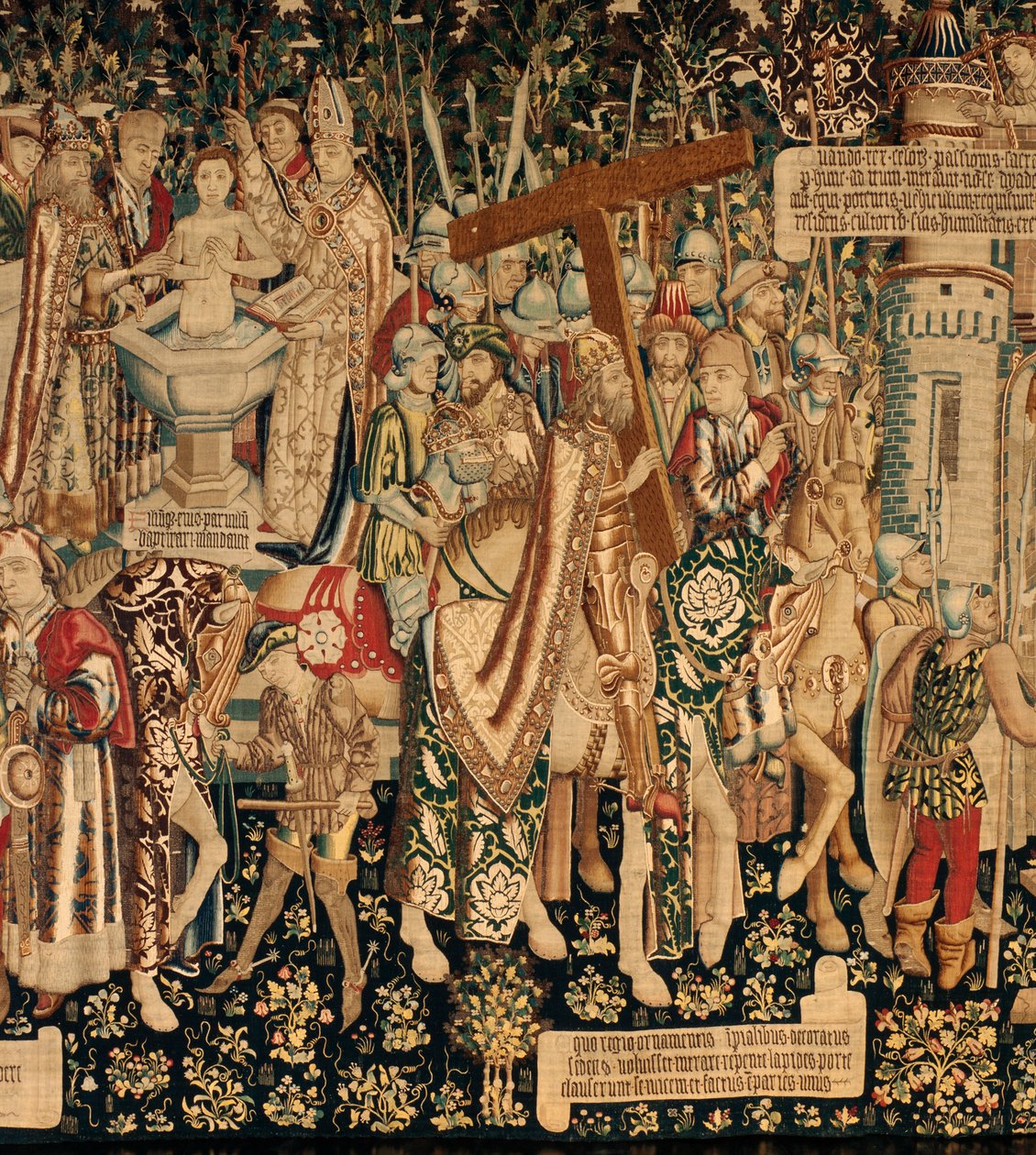 Katedralen (The Seo. Ca tedraal of the Savior of Zaragoza). Gobelängmuseet. flamländsk gobeläng. Legenden om det heliga korset (Legenden om det heliga korset, om legenden om det heliga korset). Detalj. Cirka. 1450. 430x1120cm. av Flemish School