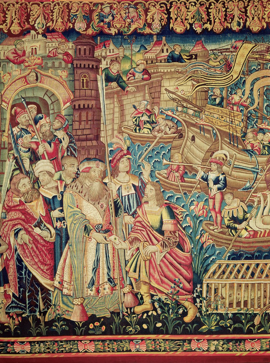 Central detalj av ankomsten av Vasco da Gama i Calicut (gobeläng) av Flemish School