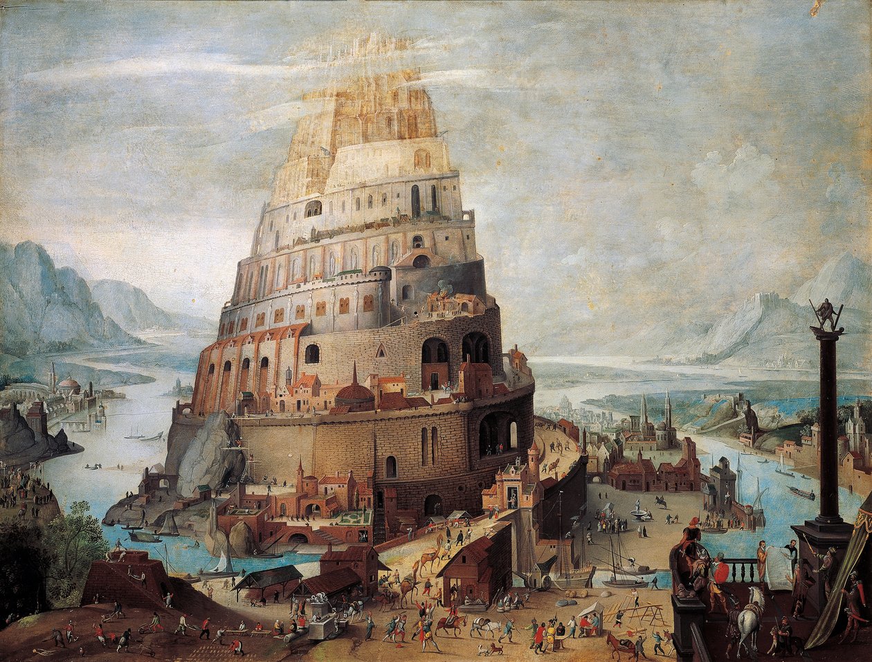 Konstruktion av Babels torn (olja på panel) av Flemish School