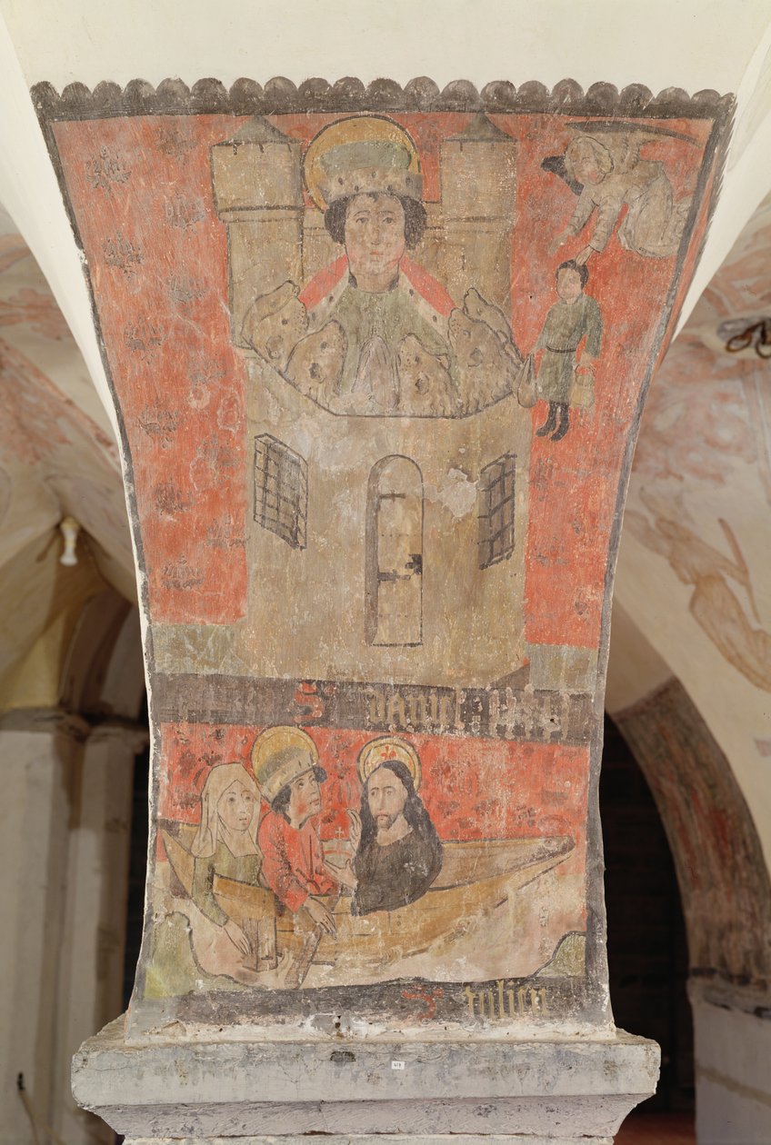 Daniel i lejonhålan, med nedanför St Julian, hans fru och Jesus Kristus, väggmålning från kryptan, ca 1480-1540 av Flemish School