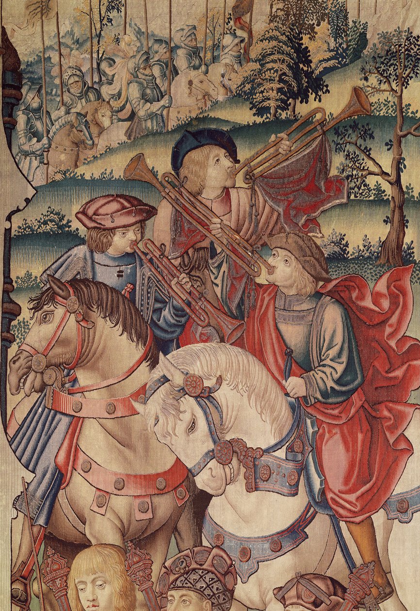 Detalj av trumpetare till häst, från Davids och Batsebas gobeläng, 1510-15 av Flemish School