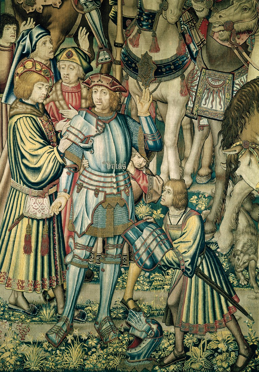 Detalj av hetiten Uria som beväpnas från Assembling the Riders, från Davids och Batsebas gobeläng, ca 1510-15 (se även 98092) av Flemish School