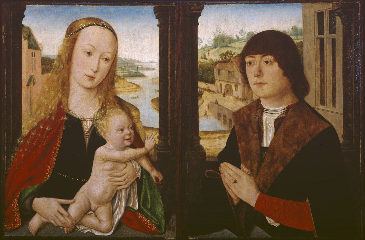 Diptyk - Jungfru och barn och en donator, ca 1490-1500 av Flemish School
